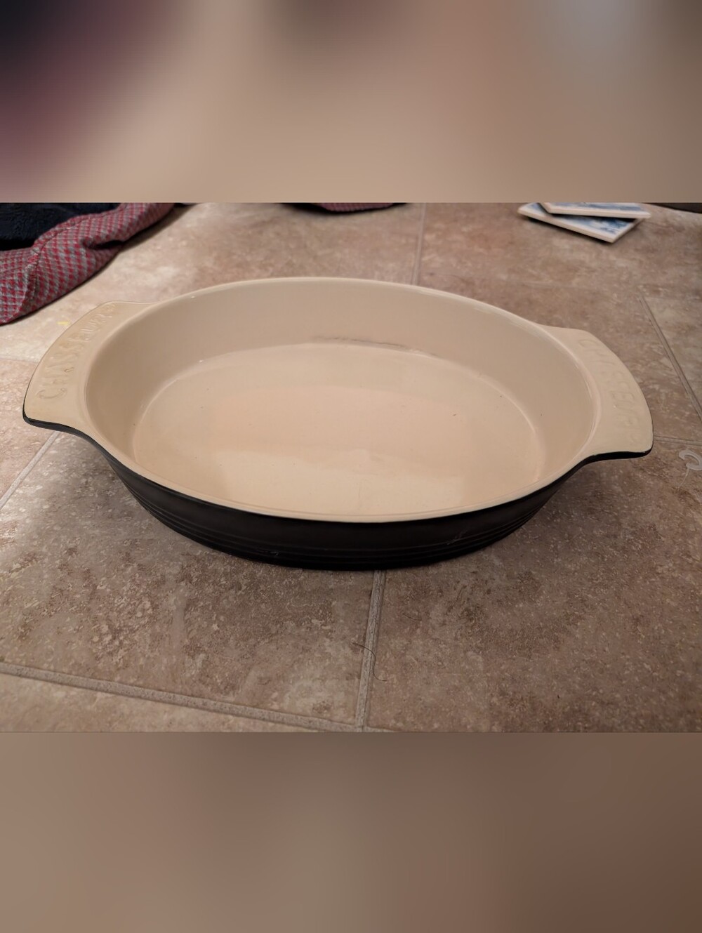 French Chasseur Matte Black and Ivory Ceramic Casserole Dish.